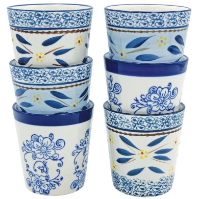 A coffee mug set of six decorative ceramic mugs featuring floral and leaf patterns in blue and white.