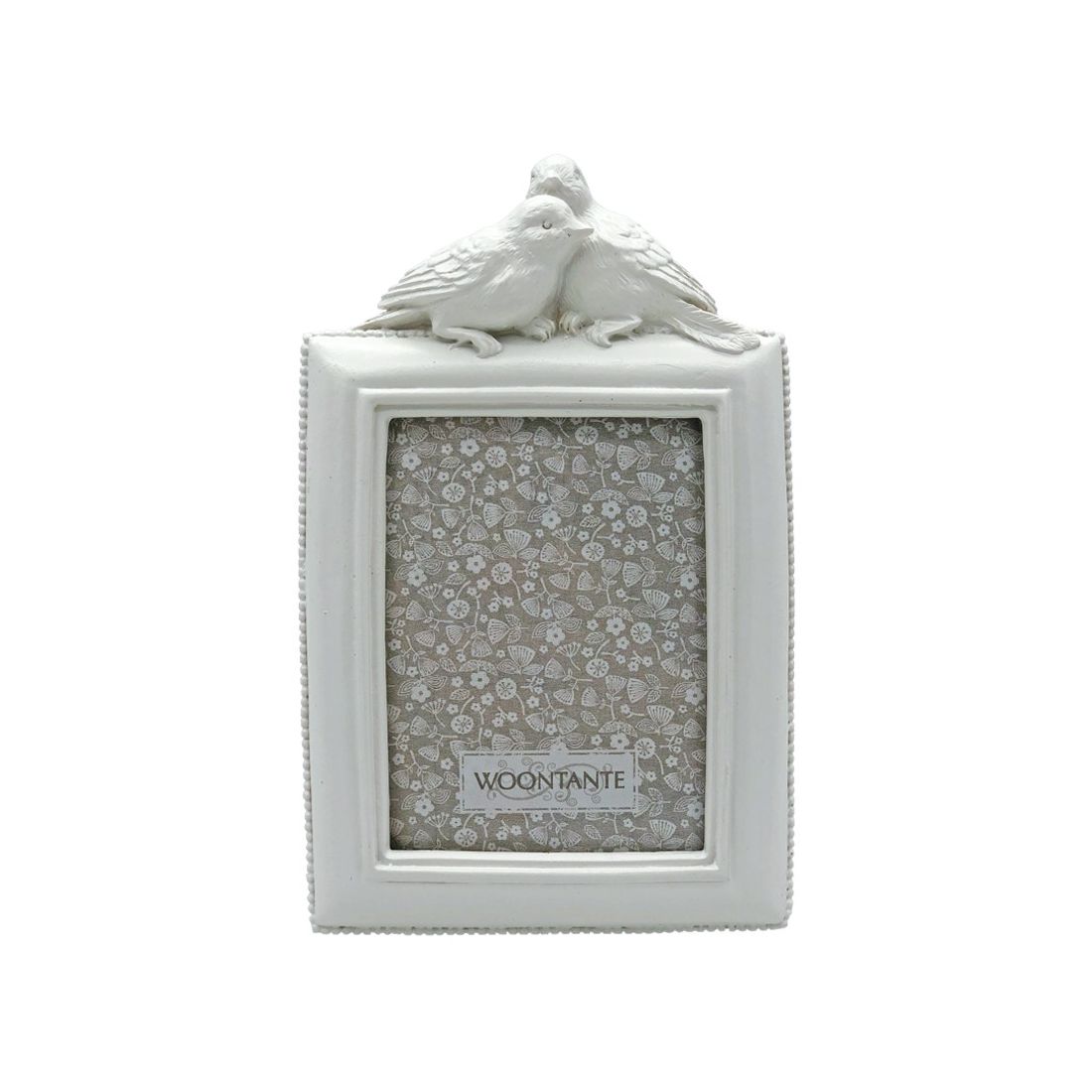 White picture frame with decorative birds on top in a vintage style.