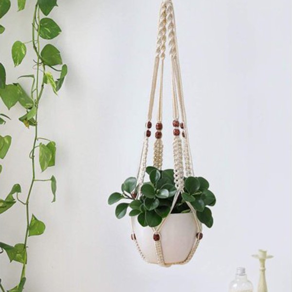 Macramé Plantenhanger met Houten Kralen