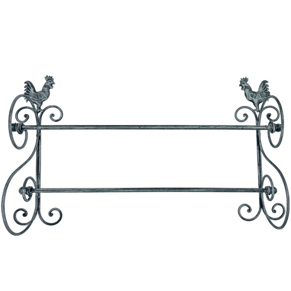 Metal hand towel rack with decorative chicken motifs at each end.