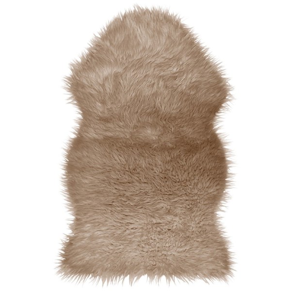 Classically shaped beige sheepskin rug made of soft and luxurious faux fur.