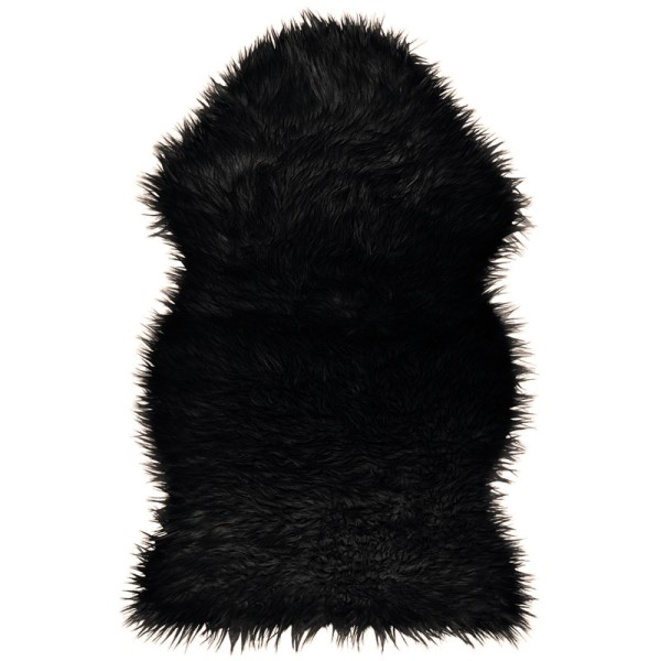 Classically shaped black sheepskin rug made of soft and luxurious faux fur.