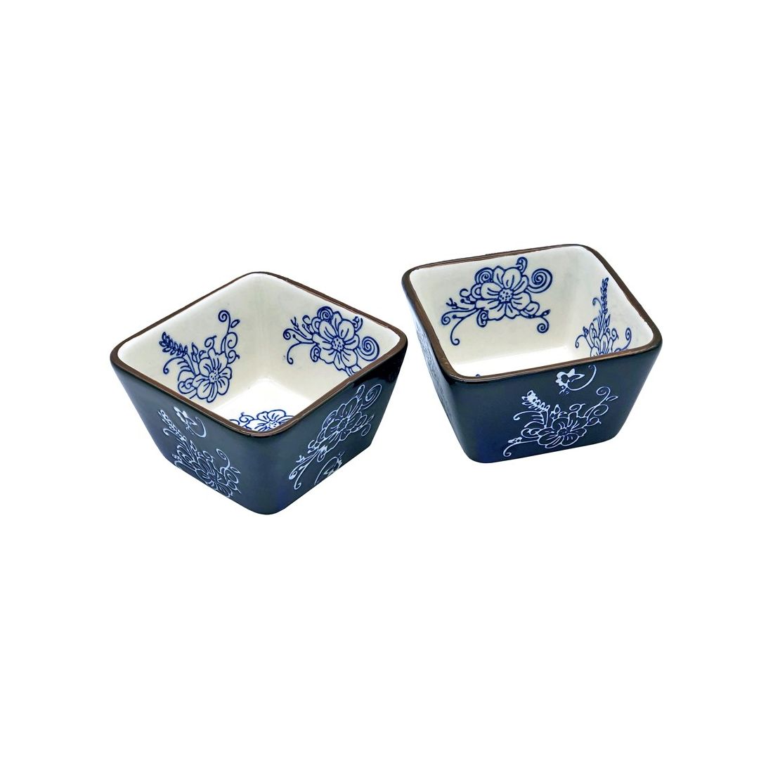 Two square ceramic tapas bowls with blue exteriors and blue floral designs on a white interior. Two square ceramic tapas bowls with blue exteriors and blue floral designs on a white interior.