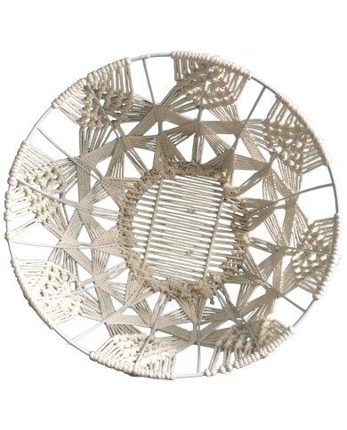 Top view of a macramé wire basket featuring intricate woven cotton patterns.