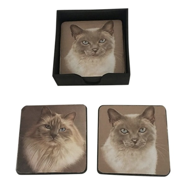 Cat coasters with realistic cat portraits, two displayed outside a black storage box.