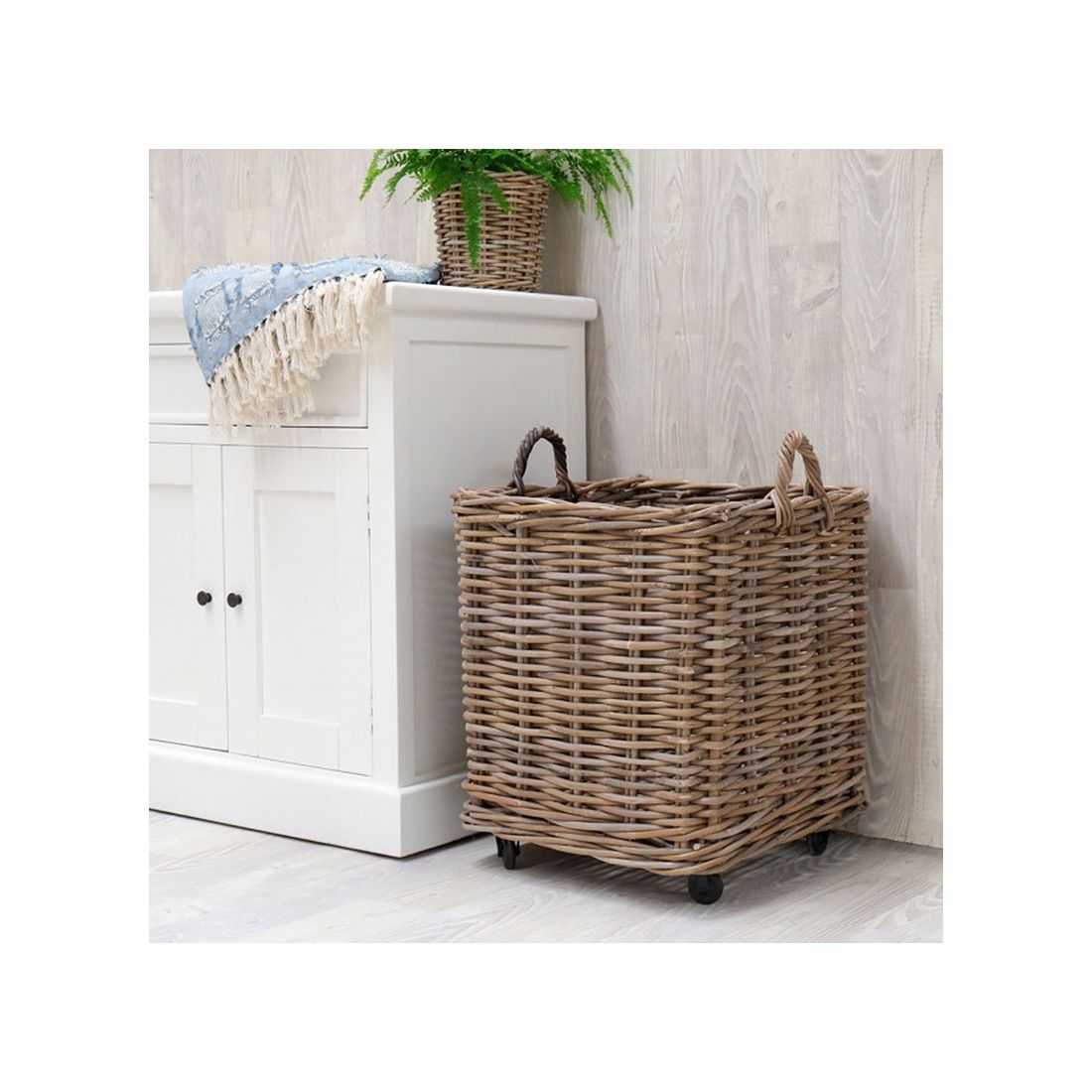 Square Rattan Basket on Wheels