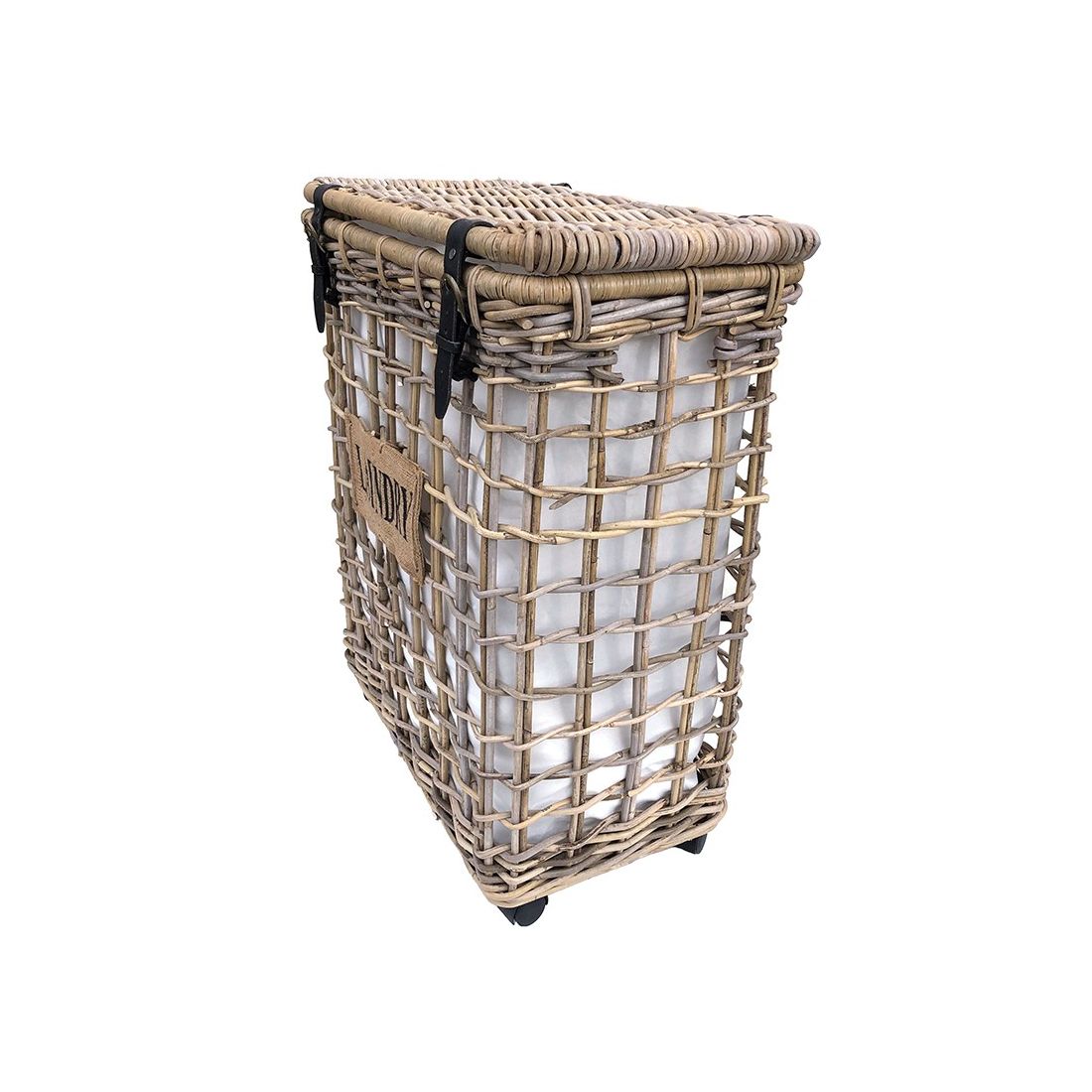 De rotan wasmand op wielen wordt handgemaakt in Indonesië met Kubu rotan. De rotan wasmand op wielen wordt handgemaakt in Indonesië met Kubu rotan.