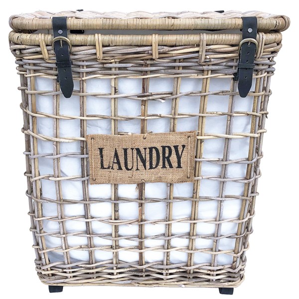 Rattan laundry basket with a "LAUNDRY" sign on the front and wheels on the base.