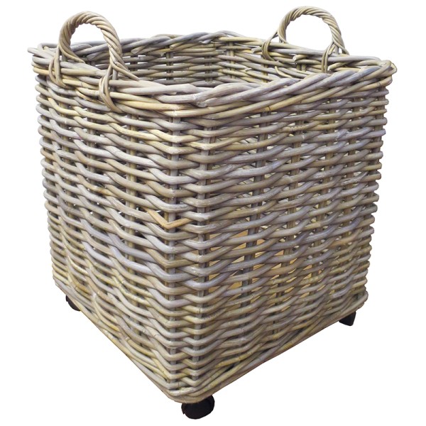 Square basket woven from durable rattan with handles and wheels.