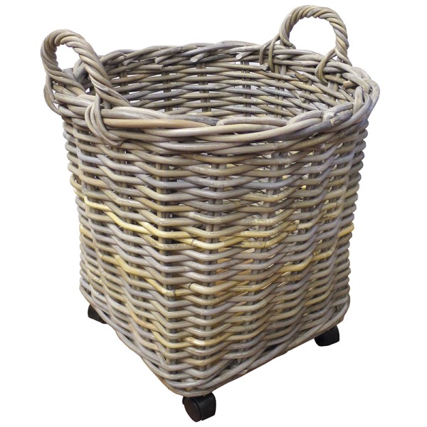 Woven round basket with handles on wheels against a white background.