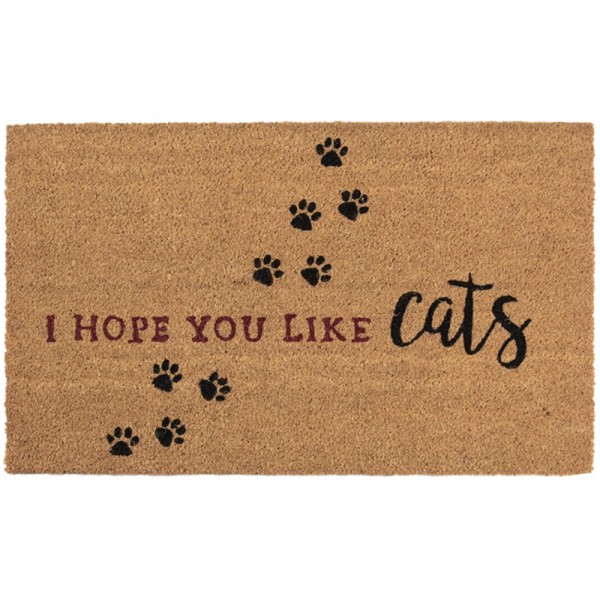 A cat doormat with the phrase "I hope you like cats" and paw prints.