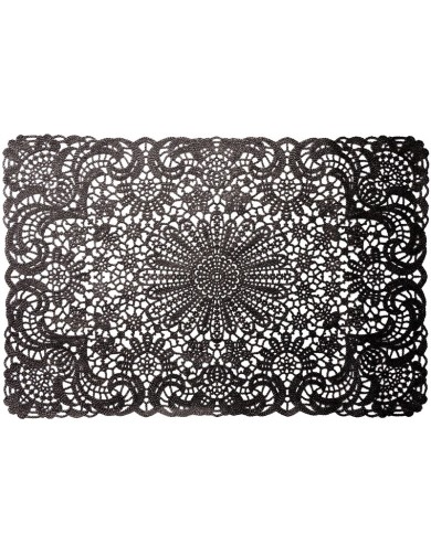 Black crochet placemat made from vinyl with intricate lace designs.