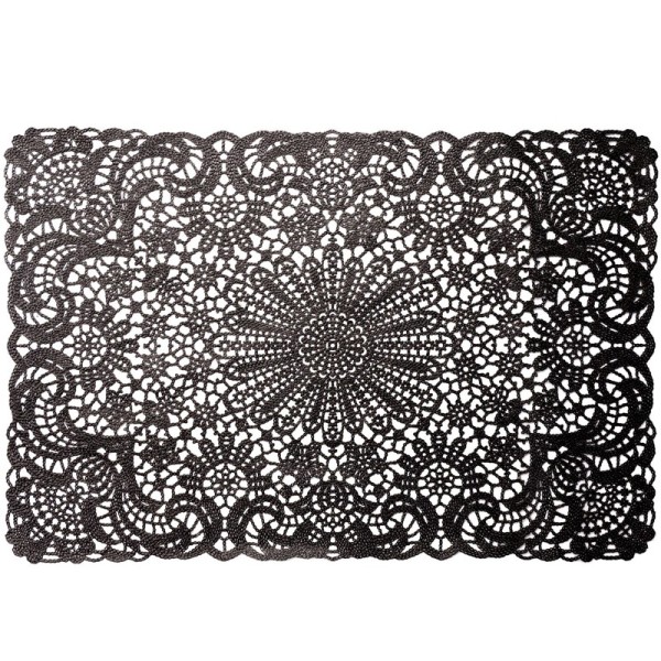 Black crochet placemat made from vinyl with intricate lace designs.