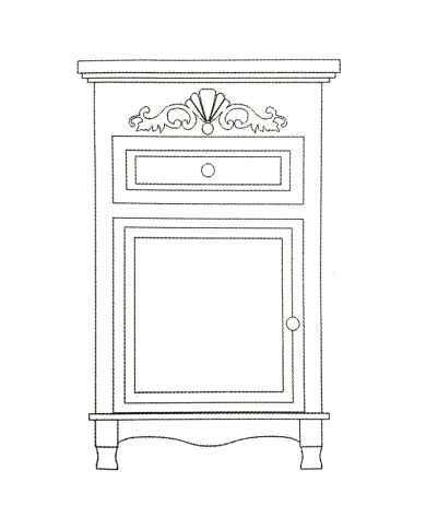 Lijntekening van een kastje met witte ornamenten, een kleine lade en een deur met een ronde knop.