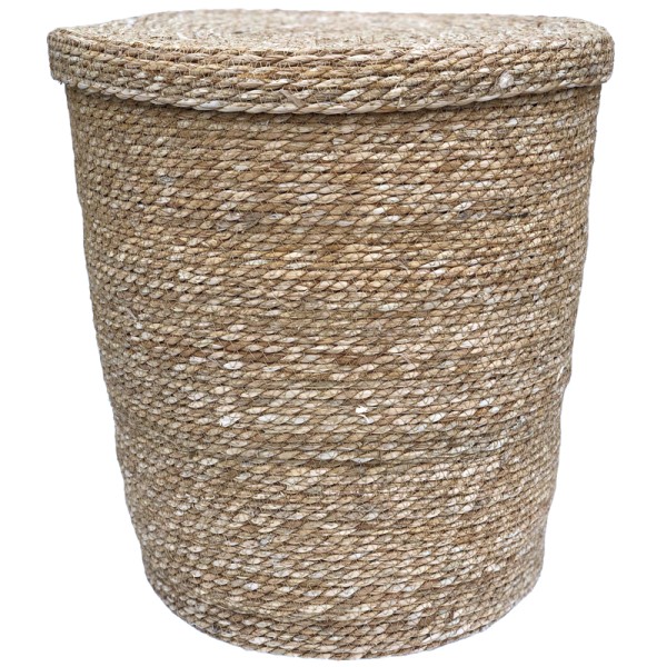 Rattan laundry basket with lid made from natural coloured woven seagrass.