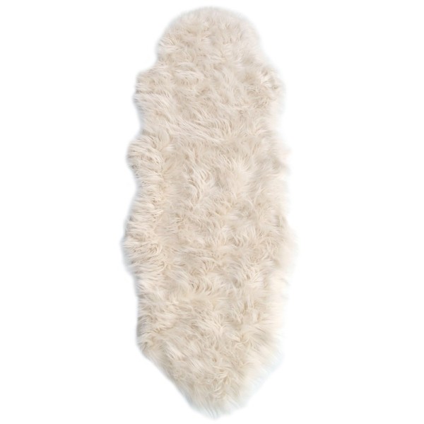 Double pelt faux sheepskin rug made of soft and luxurious cream-white faux fur.