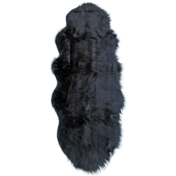 Double pelt faux sheepskin rug made of soft and luxurious black faux fur.