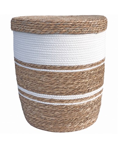 White laundry basket with lid made from natural coloured and white woven seagrass.