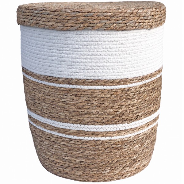 White laundry basket with lid made from natural coloured and white woven seagrass.