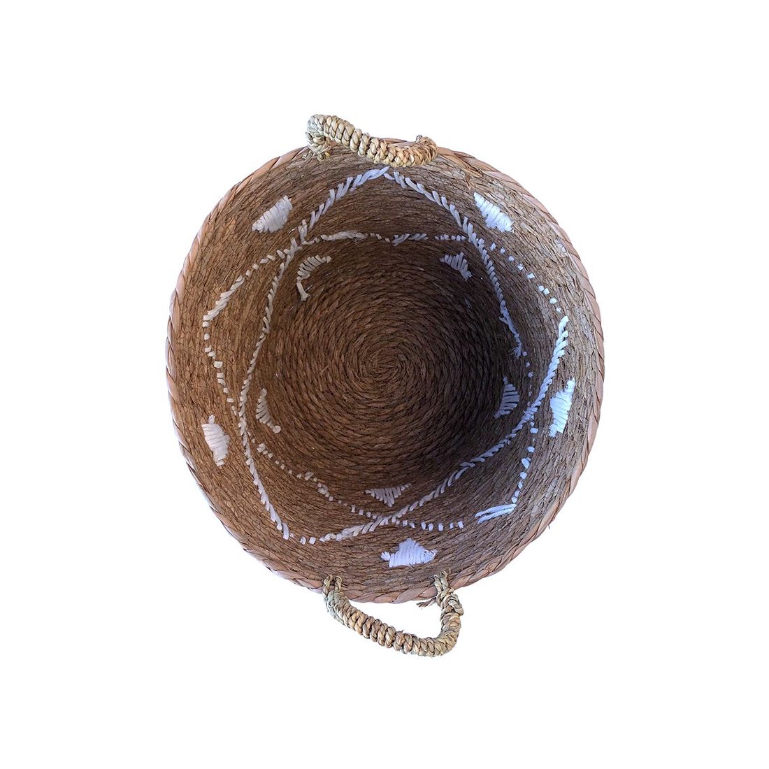 Top view of the embroidered seagrass laundry basket. Top view of the embroidered seagrass laundry basket.