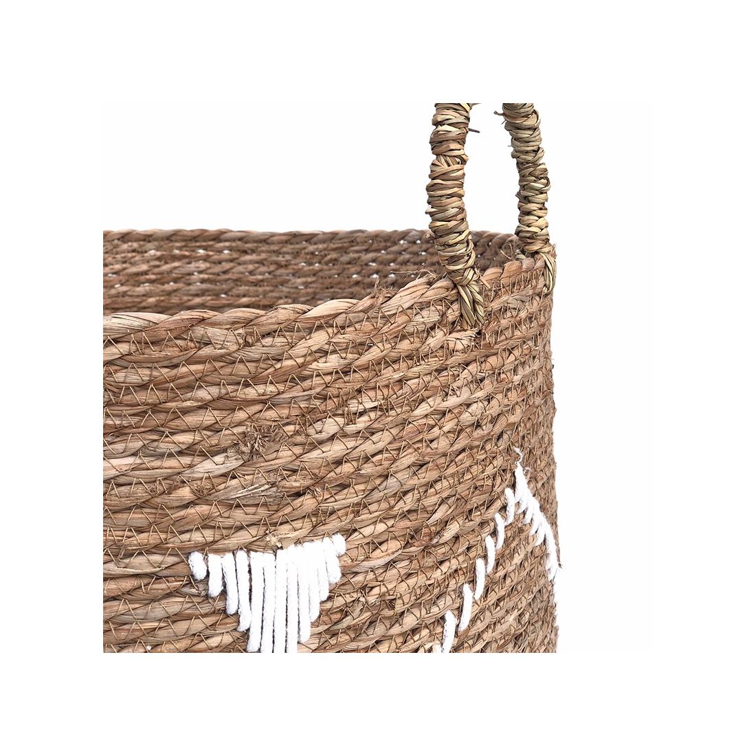 Close up of the raffia handles on the embroidered seagrass laundry basket. Close up of the raffia handles on the embroidered seagrass laundry basket.