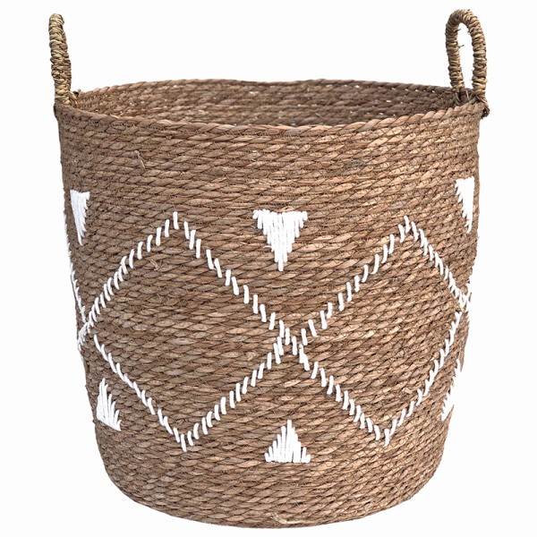 Embroidered Seagrass Laundry Basket