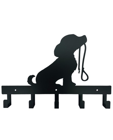 Dog leash hook with silhouette of a dog with a leash, integrated into a black wall-mounted key rack.