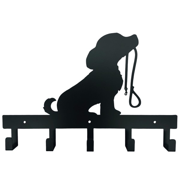 Dog leash hook with silhouette of a dog with a leash, integrated into a black wall-mounted key rack.