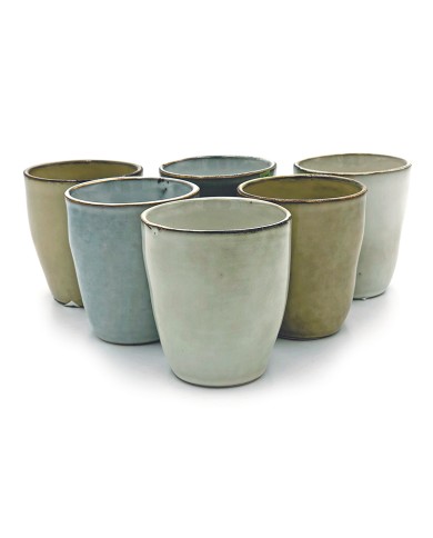 A group of six elegant boho coffee cups in muted colours, featuring soft curves and subtle glazes.