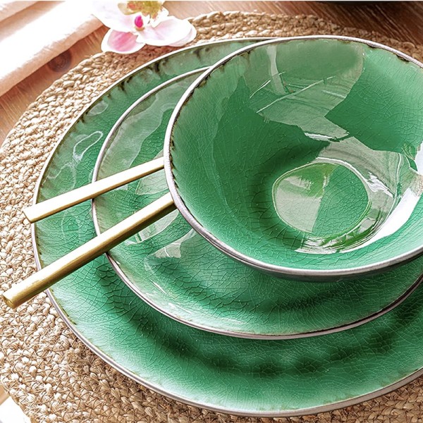 Crackle Glaze Soup Bowl Set in Green