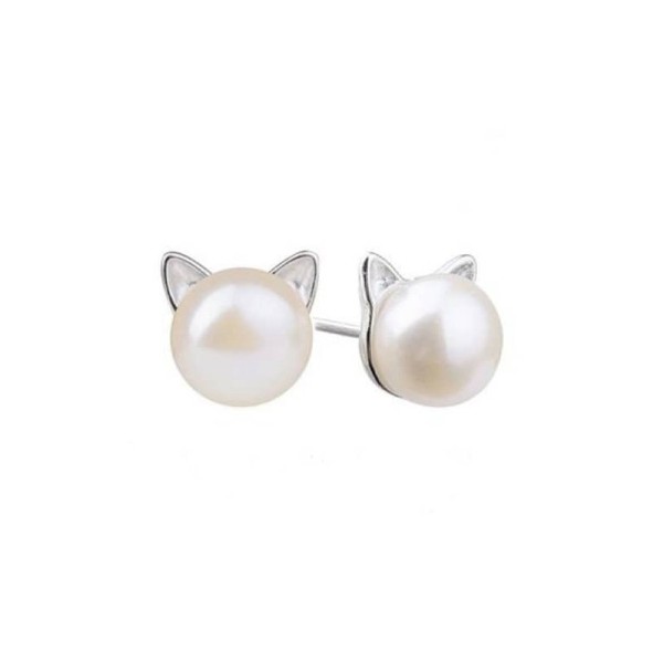 Pair of cat-shaped pearl earrings with silver ears on a white background.