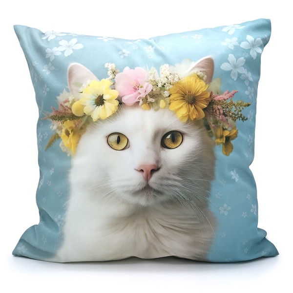 Cat in Flower Crown Cushion Cover Blue