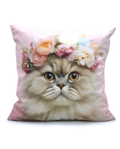 Cat in Flower Crown Cushion Cover Pink