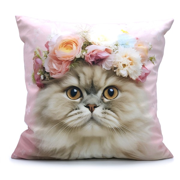 Cat in Flower Crown Cushion Cover Pink