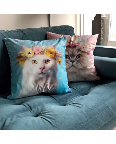 Kussenhoes Kat met Bloemenkroon Blauw Kussenhoes Kat met Bloemenkroon Blauw