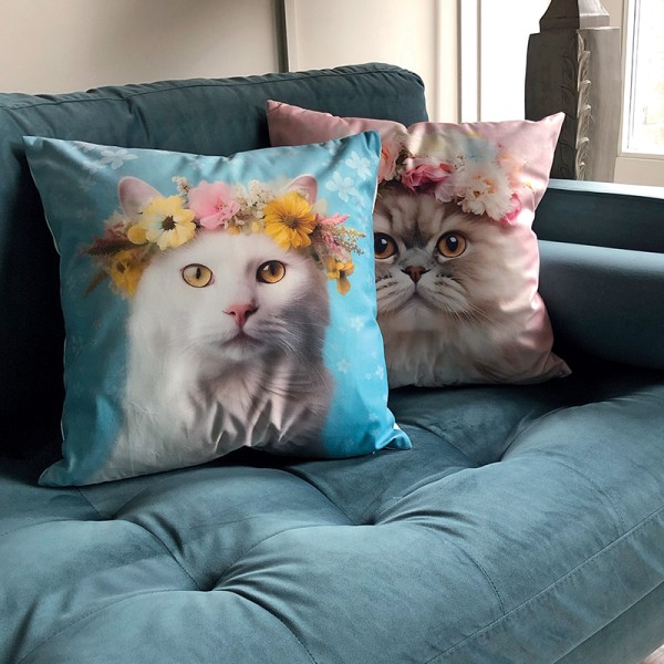 Cat in Flower Crown Cushion Cover Blue