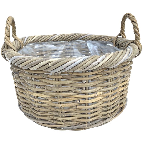 Rattan round basket with handles and a plastic liner, on a white background.