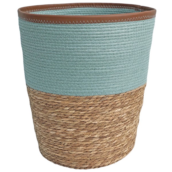 Blue laundry basket made from seagrass with an eggshell blue top and natural-tone bottom.