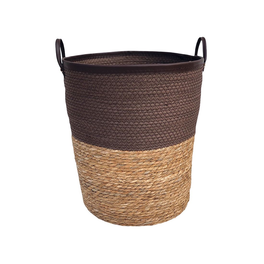 Brown laundry basket made from seagrass with a dark brown top and natural-tone bottom.