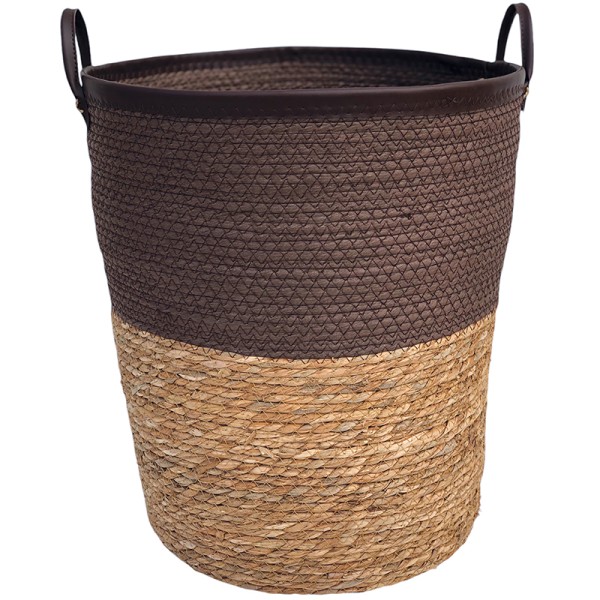 Brown laundry basket made from seagrass with a dark brown top and natural-tone bottom.