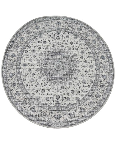 Round vintage style area rug with intricate floral patterns in shades of grey.