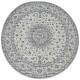 Round vintage style area rug with intricate floral patterns in shades of grey.