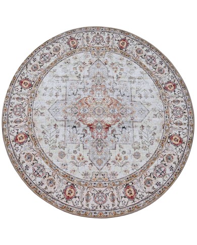 Round, beige rug with intricate patterns and a central medallion design in muted colours.