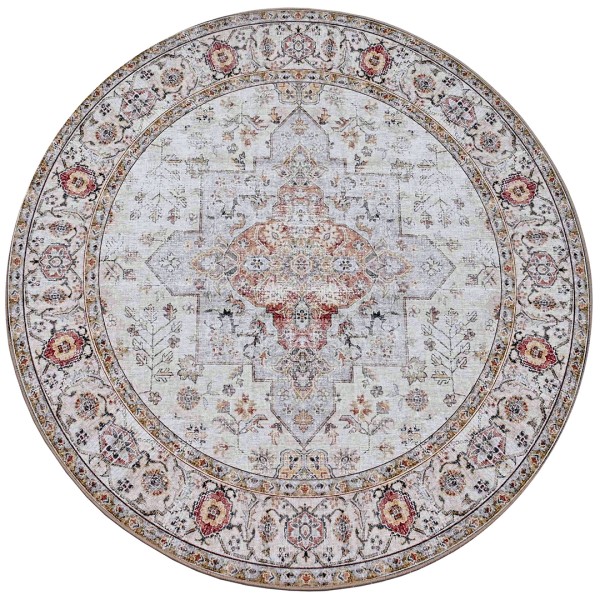 Round, beige rug with intricate patterns and a central medallion design in muted colours.