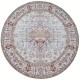 Round, beige rug with intricate patterns and a central medallion design in muted colours.