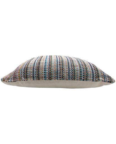 Side view of a colourful bohemian cushion with a multicoloured pattern on a white background. Side view of a colourful bohemian cushion with a multicoloured pattern on a white background.