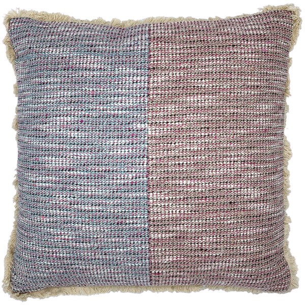 Multicolored woven blue & pink cushion with fringe on edges.