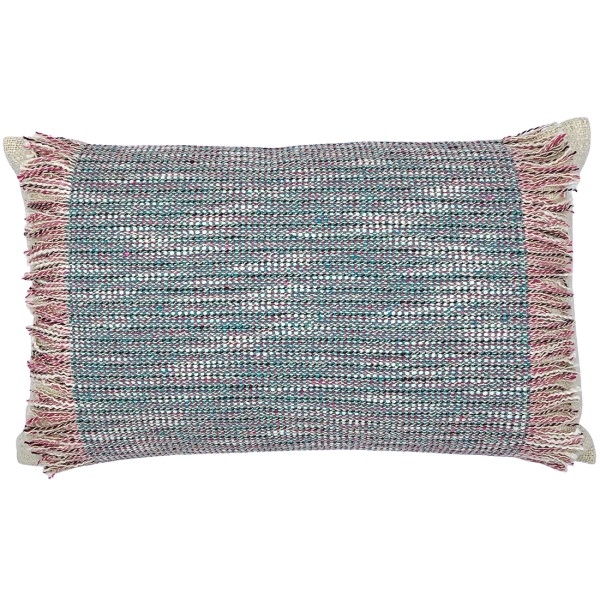 Rectangular woven blue cushion with fringed edges.