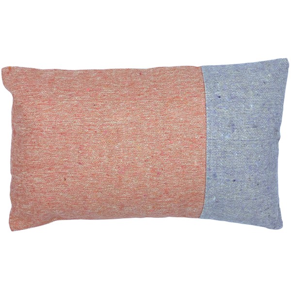 Rectangular two-tone cushion with one side pink and the other lilac.