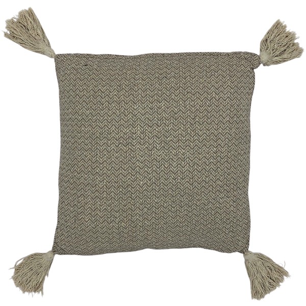 A square taupe cushion with a herringbone pattern and tassels at each corner.